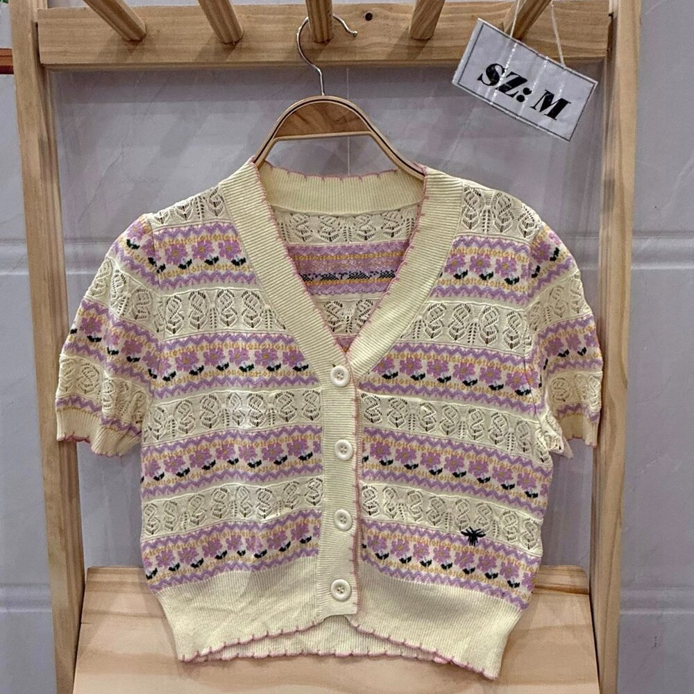 Cream Lavender Floral Fair Isle Crochet Knit Cardigan Top